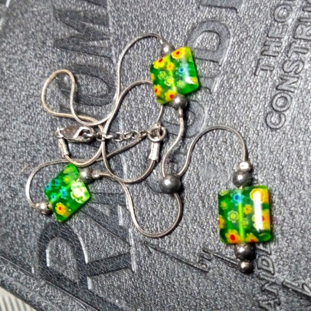 RARE Sterling Hand Painted Murano Glass Drop Necklace W/Sterling Ball Beads